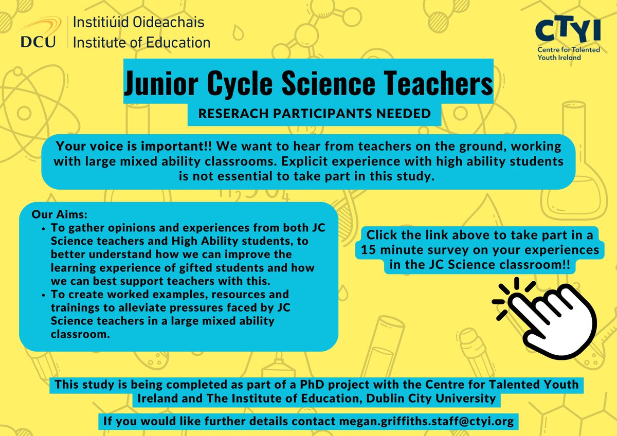 IRISH JUNIOR CYCLE SCIENCE TEACHERS ‼️

As part of my PhD I am looking to collect information on the experiences of junior cycle science teachers with accommodating high ability students!! 

Survey link: forms.gle/qdPjSGditgHAPz… 

#edchatie #scienceteachers