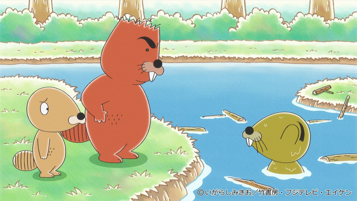 スナドリネコさんが作ったダムを賞賛するぼのぼの。ボーズくんの