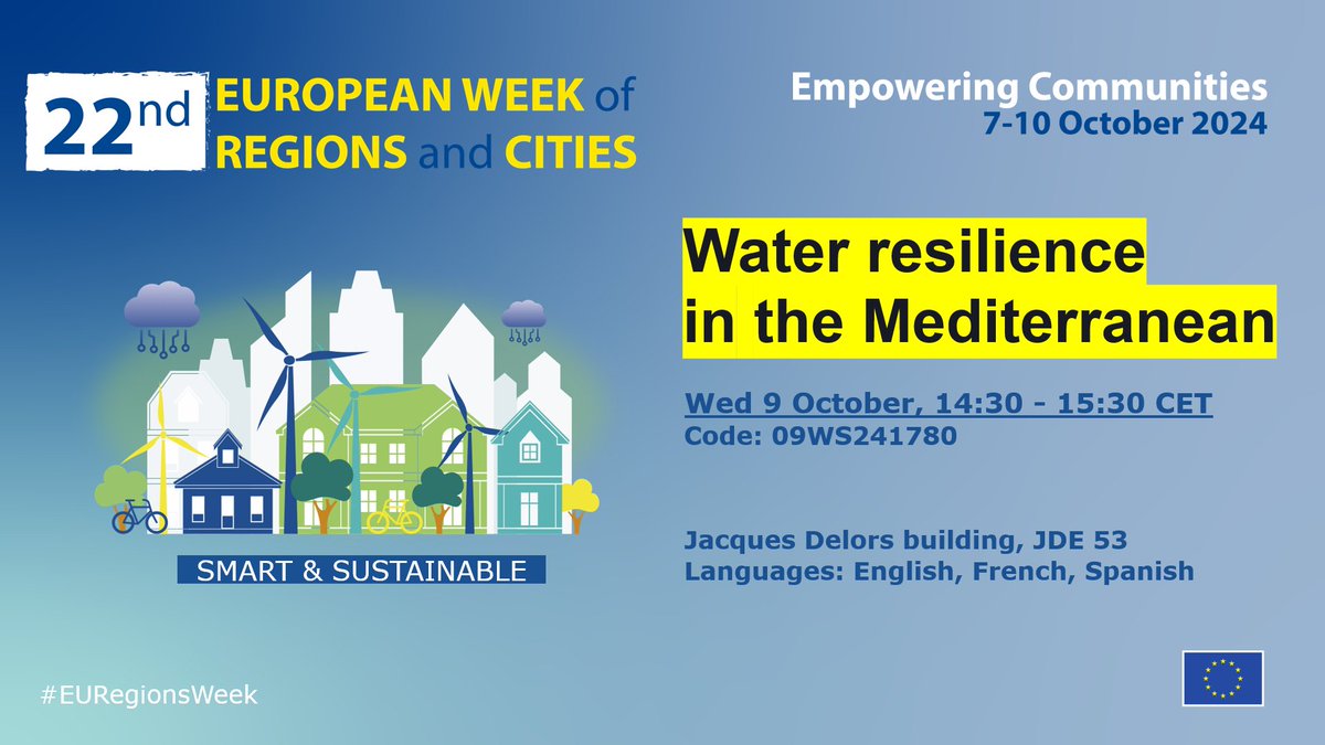 💧La resiliència de l'aigua a la Mediterrània
🗓9 d'octubre 14h30
🏙Setmana UE de les Regions i les Ciutats #EURegionsWeek!
✍ Inscriu-te al taller organitzat per <a href="/diba/">Diputació de Barcelona</a> amb <a href="/Provincia_Lucca/">Provincia di Lucca</a> #DepartementAude, Lazio North Viterbo i <a href="/H20EU/">Water Europe</a>: regions-and-cities.europa.eu/programme/2024… #InternacionalDiba