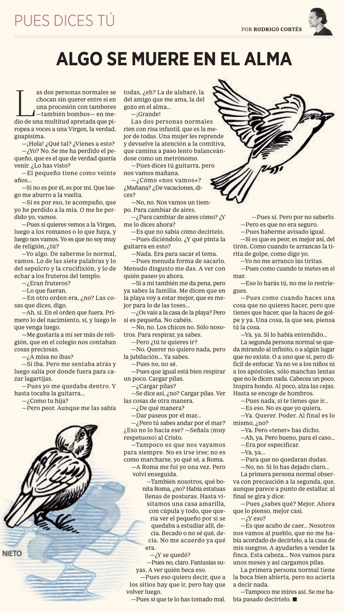 rodrigocortes's tweet image. Pasado mañana, sábado, regresa «Pues dices tú» a @ABC_Cultural, o lo que es lo mismo, regresan las personas normales (abajo, su último vuelo). Ojalá os haga ilusión. ¿Un REPÍO, silvuplé? :)
#PuesDicesTú #CaféYPapel ☕📰