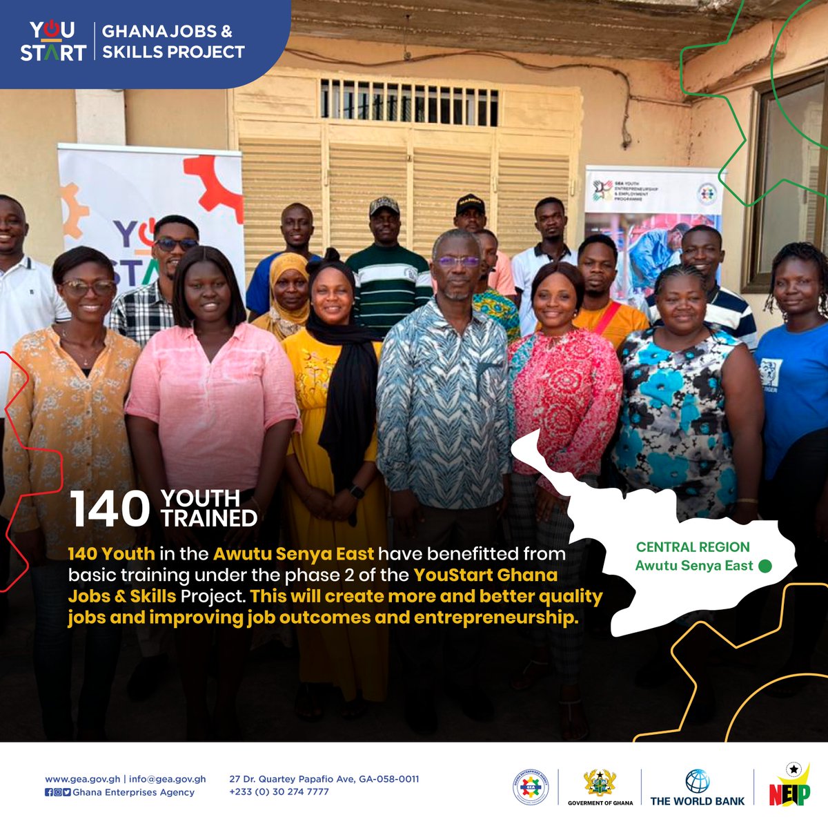 gea_ghana's tweet photo. Empowering Central Region Through YouStart Ghana!
2,660 youths in the Central Region have successfully completed the YouStart Ghana Jobs and Skills Project. 140 youths in Awutu Senya East are also receiving essential training in Phase 2 of the project.
#GJSP #GEA #YouStart https://t.co/NqfyvnY8vd