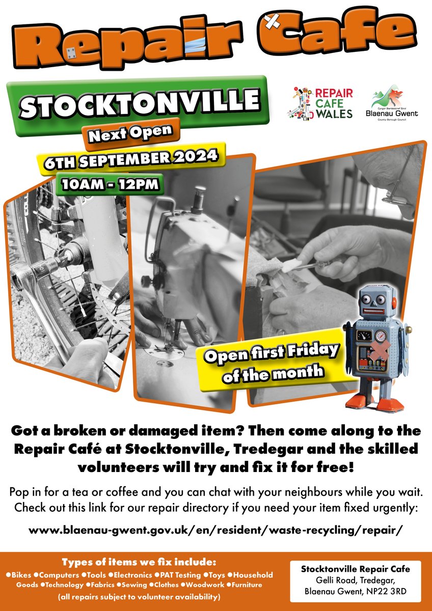 Repair Café Stocktonville - open every first Friday of the month.

Got a broken or damaged item? Then come along to the Repair Café at Gelli Road, Tredegar, on Friday 6th September 2024 from 10am - 12pm and the volunteers will try and fix it for free!