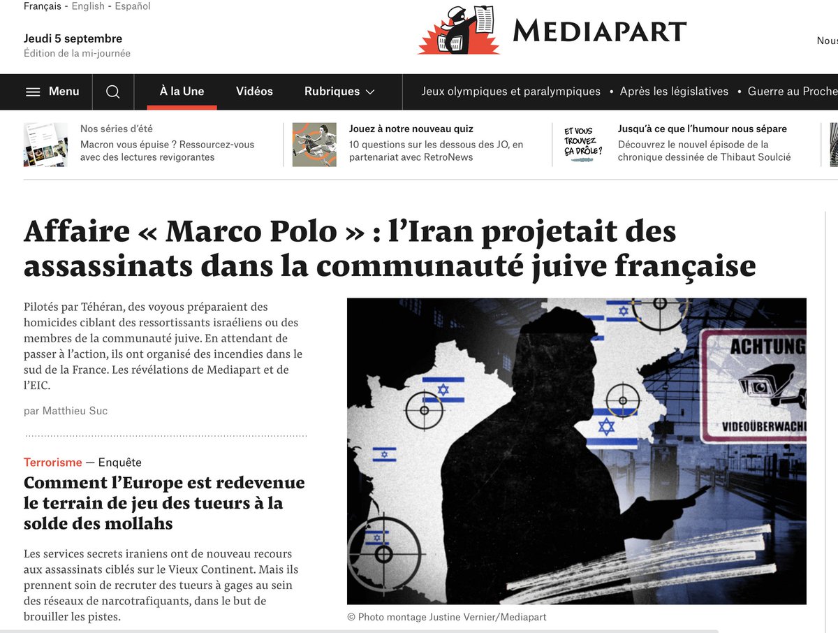 Une cellule terroriste animée par des voyous français projetait, pour le compte de l'Iran, des assassinats d'Israéliens et de membres de la communauté juive en France et en Allemagne. Les révélations de <a href="/Mediapart/">Mediapart</a> avec ses partenaires de l' @EIC. 1/
#TheIranianCell
