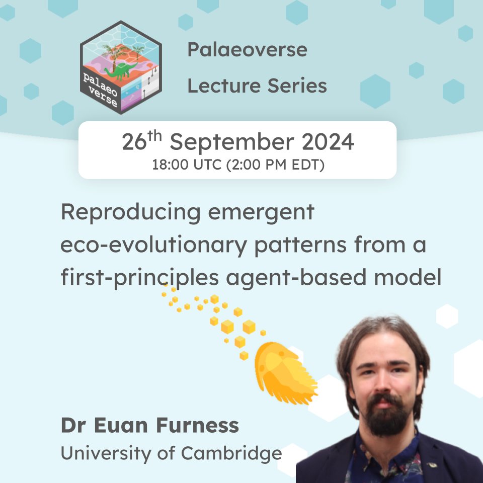 The Palaeoverse Community (@thepalaeoverse) on Twitter photo 🚨PALAEOVERSE LECTURE SERIES🚨
Only a few weeks to go until <a href="/SilverAbacus/">Euan Furness</a>'s lecture on "Reproducing emergent eco-evolutionary patterns from a first-principles agent-based model"
Date: 26th September 2024
Time: 18:00 UTC
Don't forget to sign up!
bit.ly/palaeoverse-le… 🚨PALAEOVERSE LECTURE SERIES🚨
Only a few weeks to go until <a href="/SilverAbacus/">Euan Furness</a>'s lecture on "Reproducing emergent eco-evolutionary patterns from a first-principles agent-based model"
Date: 26th September 2024
Time: 18:00 UTC
Don't forget to sign up!
bit.ly/palaeoverse-le…