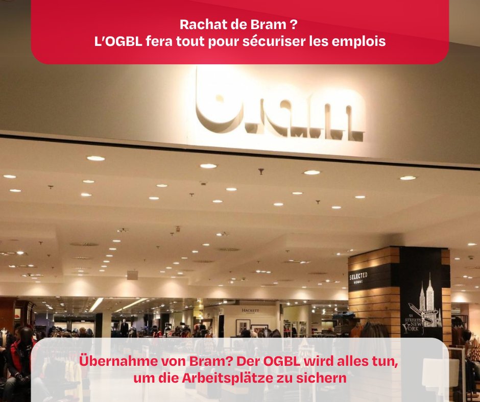 OGBL_Luxembourg's tweet image. L’OGBL a pris acte des rumeurs de rachat de la maison Bram. La délégation a rencontré la direction, qui a refusé de confirmer ou de démentir ces rumeurs. L’OGBL s'engage à tout mettre en œuvre pour défendre l'ensemble des emplois.

▶️ Plus d’infos: tinyurl.com/5ajxt8nb