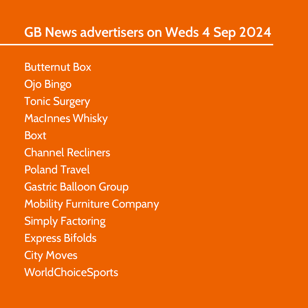 stopfundingheat's tweet image. GB News advertisers on Weds 4 Sep: @ButternutBox
@GastricBalloonG @Expressbifolds @MobilityFurnCo @TonicSurgery @WeAreBoxt #Retirementvillages @CityMovesLtd @OjoBingo @WorldChoiceSpo #ChannelRecliners @PolandTravel_UK @SimplyFactoring &amp;amp; @MacInnesWhisky