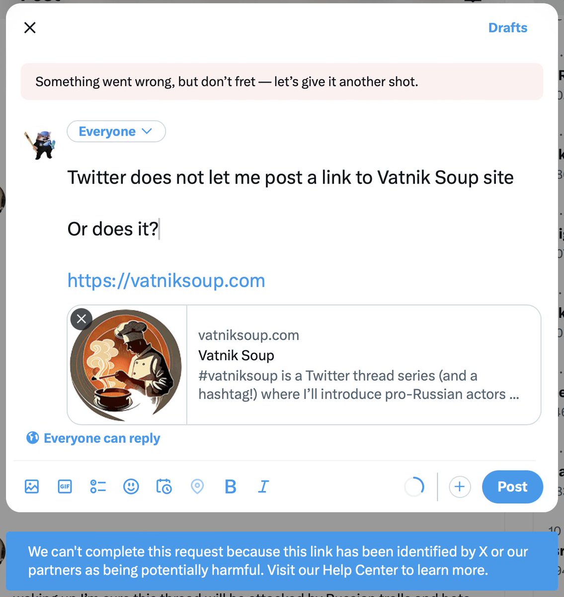 Okay Elmo

You do you

Twitter won’t let you share a link to vatnik soup site because it is “potentially harmful”

Of course it is harmful … to all russian poison, lie, and hate spreaders