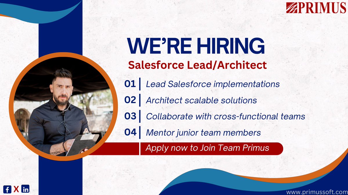 PrimusSoftCorp's tweet image. Apply Now for the Salesforce Architect Position at #Primus!  

Are you an expert #SalesforceArchitect ready to lead innovative projects? Join #TeamPrimus &amp;amp; drive technological breakthroughs. #ApplyNow at lnkd.in/evuQtMWm

Don’t miss this chance to shape the future with us!