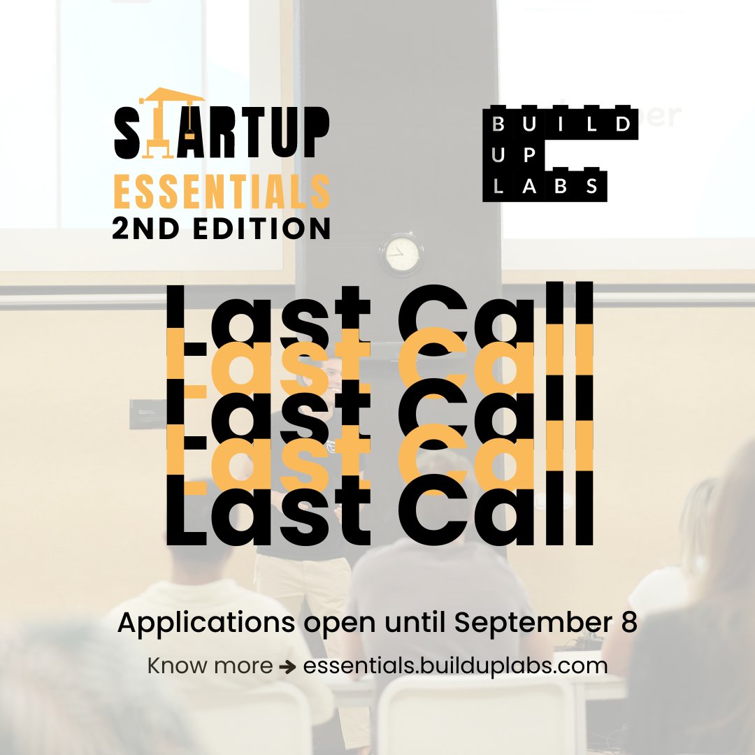 build_up_labs's tweet image. 📢 Last chance to join the second edition of Startup Essentials! Join us for a five-day experience, where you’ll  pitch your idea to investors and mentors.

Don’t miss out! Check out all the details: essentials.builduplabs.com