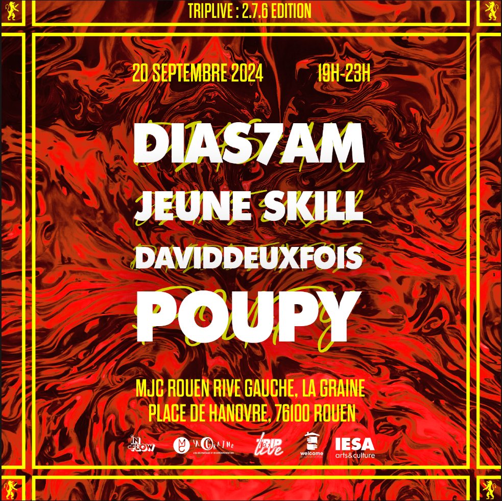 4 artistes émergents et <a href="/triplive_event/">TRIPLIVE</a> pour la bonne cause

Toute la billetterie sera reversée à l'association Welcome Rouen qui œuvre à l'hébergement temporaire et gratuit de migrants

set list. DIAS7AM . JEUNE SKILL . DAVIDDEUXFOIS . POUPY

La Graine (Rouen)