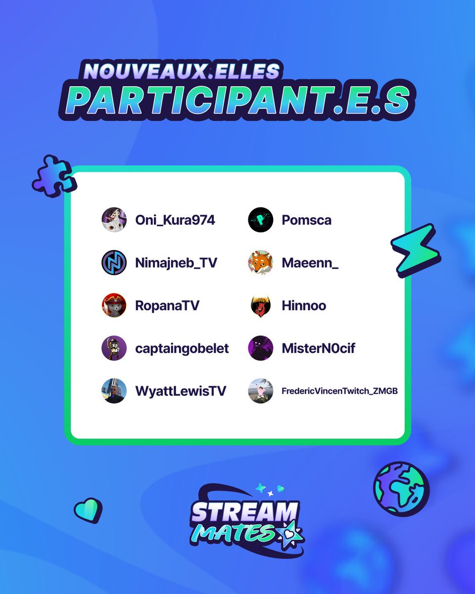 🎉 Voici nos 10 nouvelles têtes qui participent à l'événement caritatif ! 💖

Chaque semaine, découvrez de nouveaux participants ! 🌟 #StreamMates

Oni_Kura974
<a href="/Pomsca/">Pomsca</a>
<a href="/Nimajneb_TV/">Nimajneb 🎮</a>
<a href="/Maeenn_/">Maeenn_ | #StreamMates</a>
@ropana2
<a href="/Hinno0_/">Hinnoo</a>
<a href="/CaptainGobelet/">CaptainGobelet</a>
<a href="/mistern0cif/">Mister J</a>
<a href="/WyattLewisTV/">WyattLewisTV</a>
FredericVincenTwitch_ZMGB
