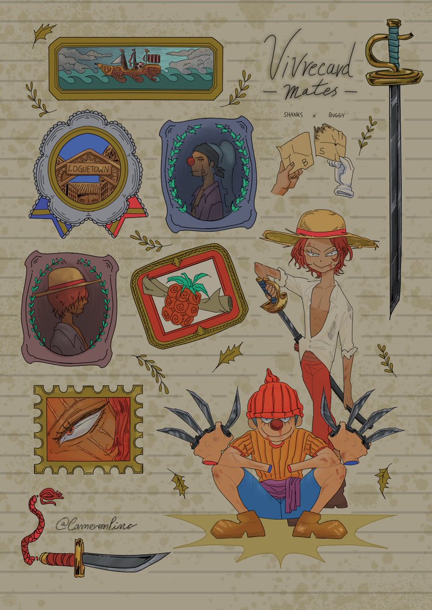 not me and @Fujoshit666 just giving spikes&amp;mistletoes meaning to them the day before the Vivre Cards flower motif went out

 Im preparing a Shanks x Buggy bundle for this Saturday's event!
  ✨Maybe next week will post it here✨