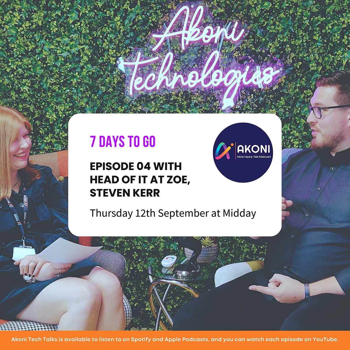 Only 1 week to go until Episode 04 of Akoni Tech Talks drops!🎙️ Join us as we chat careers, gaming, and the future of AI with Steven Kerr, Head of IT at <a href="/Join_ZOE/">join_zoe</a>. Tune in on Thursday, 12th Sept at 12pm. Save the date! 🗓️ linktr.ee/akonitechnolog…
#TechPodcast #AI #Digital #Tech