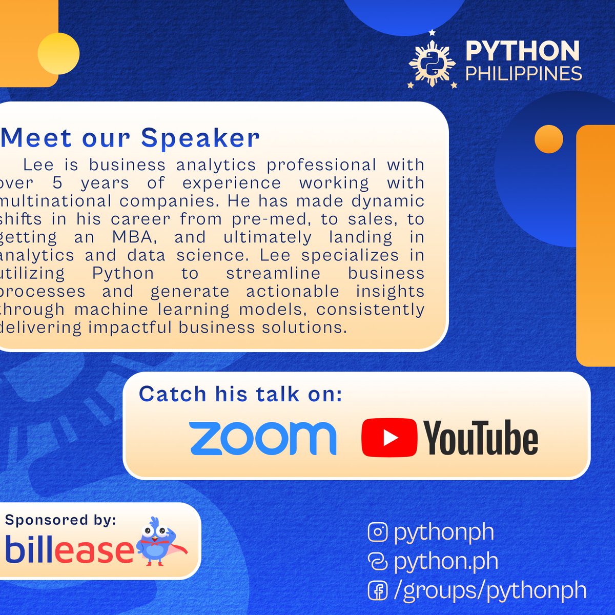 pythonph's tweet image. 💻 WFH Pythonista Featuring Lee Mark Chavez

Join us on Sept 7, 2024, 5-6 pm to hear from Lee Mark Chavez, a data analyst.

Register here: bit.ly/4dMTyX1

#PythonPH #WFHPythonista #PHTechCommunity