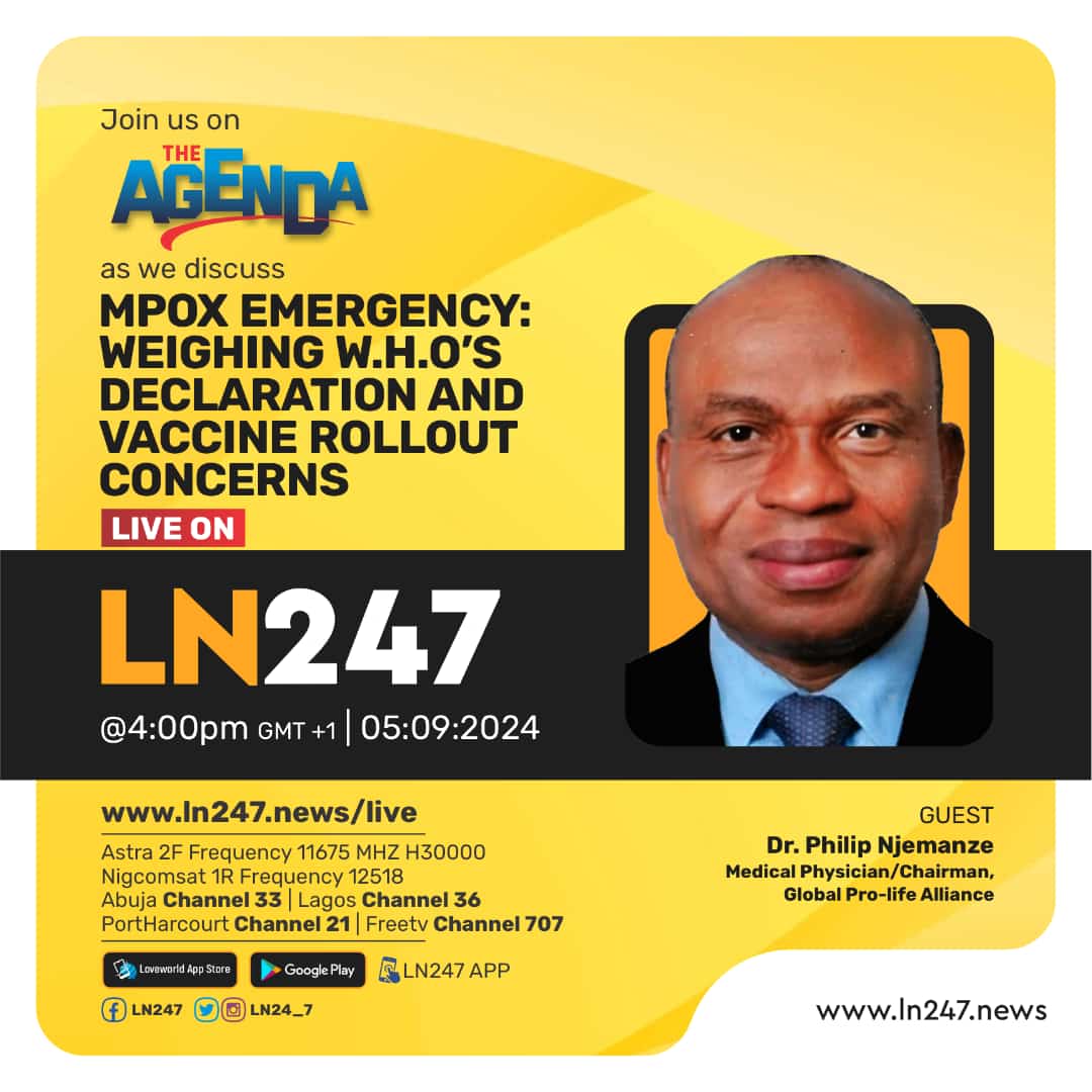 ln24_7's tweet photo. With the World Health Organization declaring MPOX an emergency, a pressing question arises: Is the threat level high enough to warrant a widespread vaccine campaign? 

Join @henriwiZe on The Agenda as he examines "MPOX Emergency: Weighing W.H.O's Declaration and Vaccine Rollout Concern" with Dr. Philip Njemanze, Medical Physician/Chairman, Global Pro-life Alliance, @sabelosibanda, Lawyer/Activist, and @ShabnamPalesaMo, Lawyer/Journalist/Activist.

📅 Date: September 5, 2024    
🕓Time: 4 PM GMT +1

#MPOX 
#VaccineDebate 
#PublicHealth