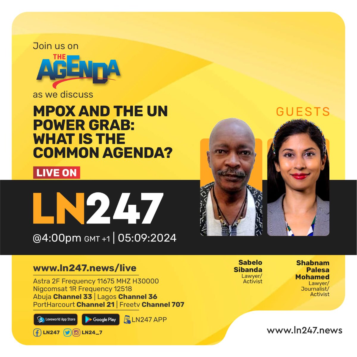 ln24_7's tweet photo. With the World Health Organization declaring MPOX an emergency, a pressing question arises: Is the threat level high enough to warrant a widespread vaccine campaign? 

Join @henriwiZe on The Agenda as he examines "MPOX Emergency: Weighing W.H.O's Declaration and Vaccine Rollout Concern" with Dr. Philip Njemanze, Medical Physician/Chairman, Global Pro-life Alliance, @sabelosibanda, Lawyer/Activist, and @ShabnamPalesaMo, Lawyer/Journalist/Activist.

📅 Date: September 5, 2024    
🕓Time: 4 PM GMT +1

#MPOX 
#VaccineDebate 
#PublicHealth