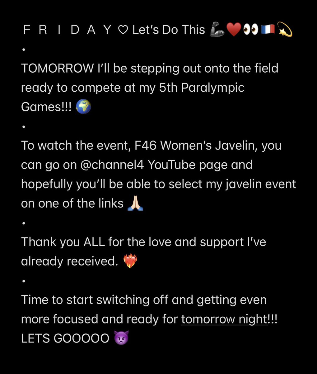 𝐇𝐨𝐥𝐥𝐢𝐞 𝐀𝐫𝐧𝐨𝐥𝐝 𝐏𝐋𝐘 (@holliea2012) on Twitter photo FRIDAY Let’s Do This 🦾♥️👀🇫🇷💫
•
TOMORROW I’ll be stepping out onto the field ready to compete at my 5th Paralympic Games!!! 🌍
Thank you for ALL your support 🙏🏻 Let’s get behind the <a href="/Paralympics/">Paralympic Games</a> it’s been incredible so far!!!!!❤️🔥 FRIDAY Let’s Do This 🦾♥️👀🇫🇷💫
•
TOMORROW I’ll be stepping out onto the field ready to compete at my 5th Paralympic Games!!! 🌍
Thank you for ALL your support 🙏🏻 Let’s get behind the <a href="/Paralympics/">Paralympic Games</a> it’s been incredible so far!!!!!❤️🔥
