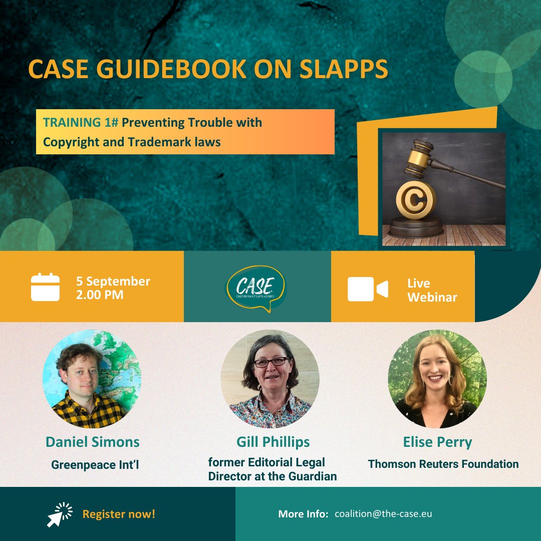 ⏳DON'T MISS OUT! 

💡CASE is launching a series of trainings on how to protect yourself from #SLAPPS 

📔First session dives into copyright &amp; trademark laws

⏰TODAY AT 2PM CET 

Register:
eventbrite.com/e/anti-slapp-t…