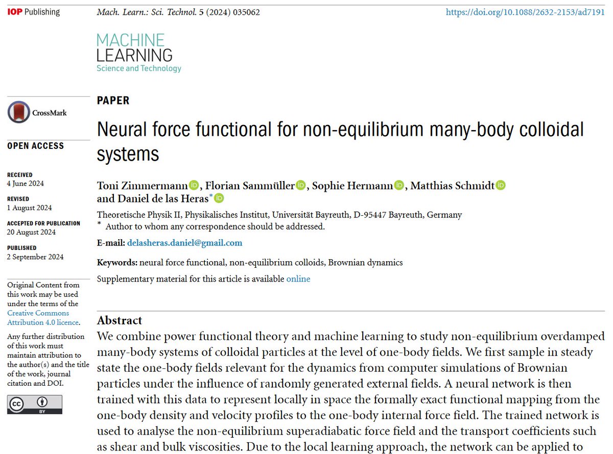 Great new work by <a href="/_SophieHermann/">Sophie Hermann</a> Matthias Schmidt et al <a href="/unibt/">Universität Bayreuth</a> - 'Neural force functional for non-equilibrium many-body #colloidalsystems' - iopscience.iop.org/article/10.108… #machinelearning #softmatter #AI #statphys #DFT #Brownian #activematter #biophysics #neuralnetworks #dynamics #AI