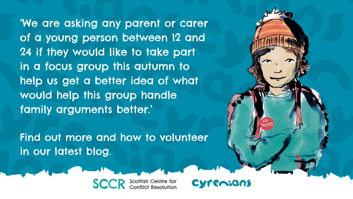 We're asking parents or carers of young people 12 to 24 yrs old if they'd like to take part in a focus group this autumn to help us get a better idea of what'd help this group handle family arguments better. If you'd like to volunteer, see our new blog.
scottishconflictresolution.org.uk/blog/calling-p…