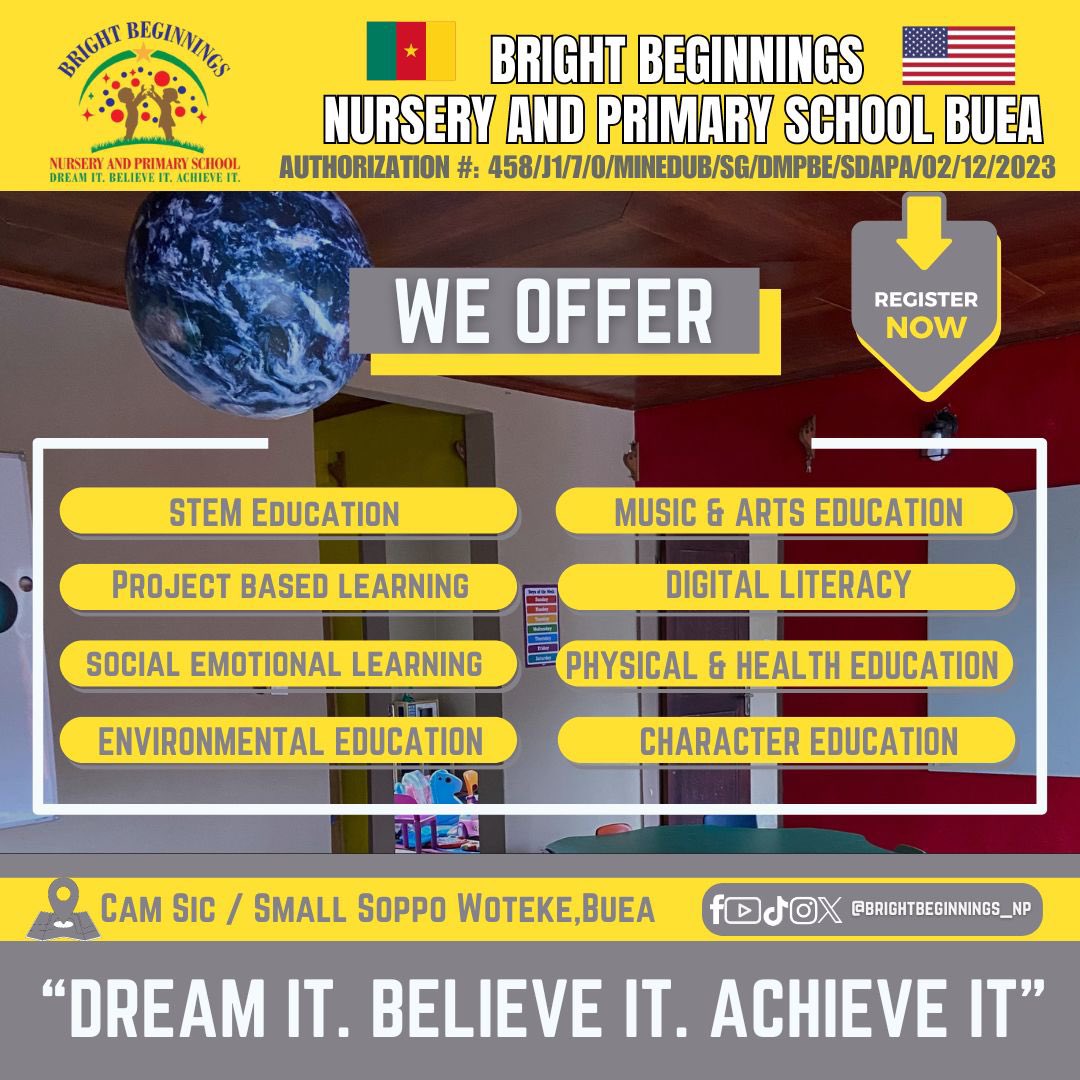 brightbegns_np's tweet image. 🎓✨ At Bright Beginnings Nursery &amp;amp; Primary School Buea, we offer more than just education— we provide a foundation for success!  
Enroll your child today and watch them thrive in a nurturing, stimulating environment! 🎓📚
#BrightBeginningsBuea #WhatWeOffer #QualityEducation