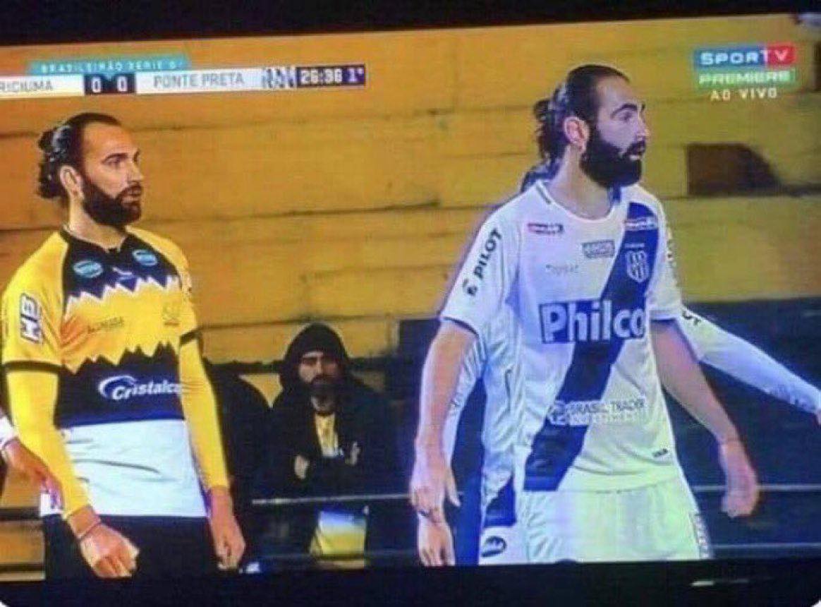 Man is playing for both teams and is also watching himself from the stands