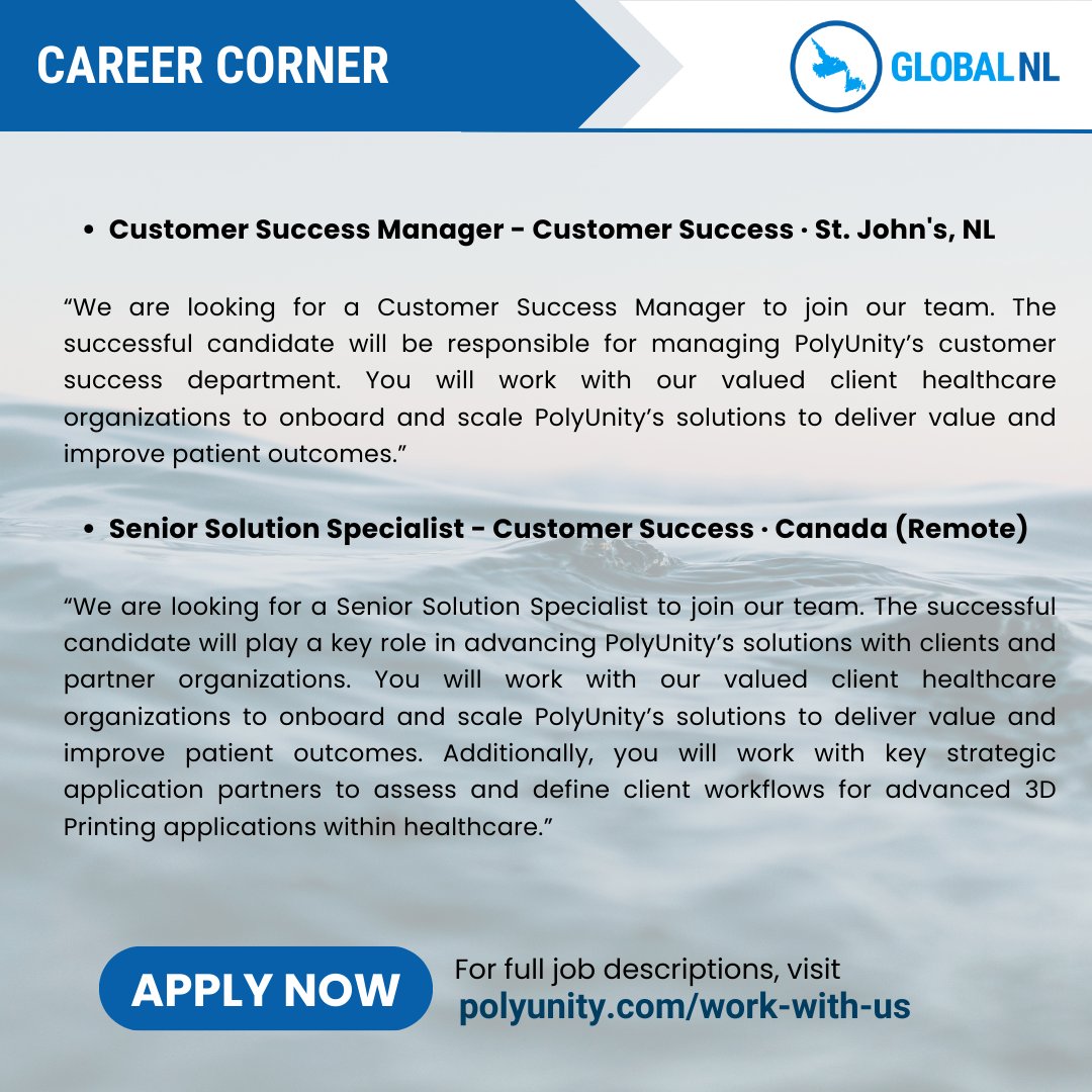 🌱 Career Corner: PolyUnity Tech is hiring!
PolyUnity is a leading provider of 3D printing solutions in healthcare. Apply now and be part of a dynamic team driving innovation!
Visit polyunity.com/work-with-us for full job descriptions and application.
#CareerCorner #GlobalNL #Hiring