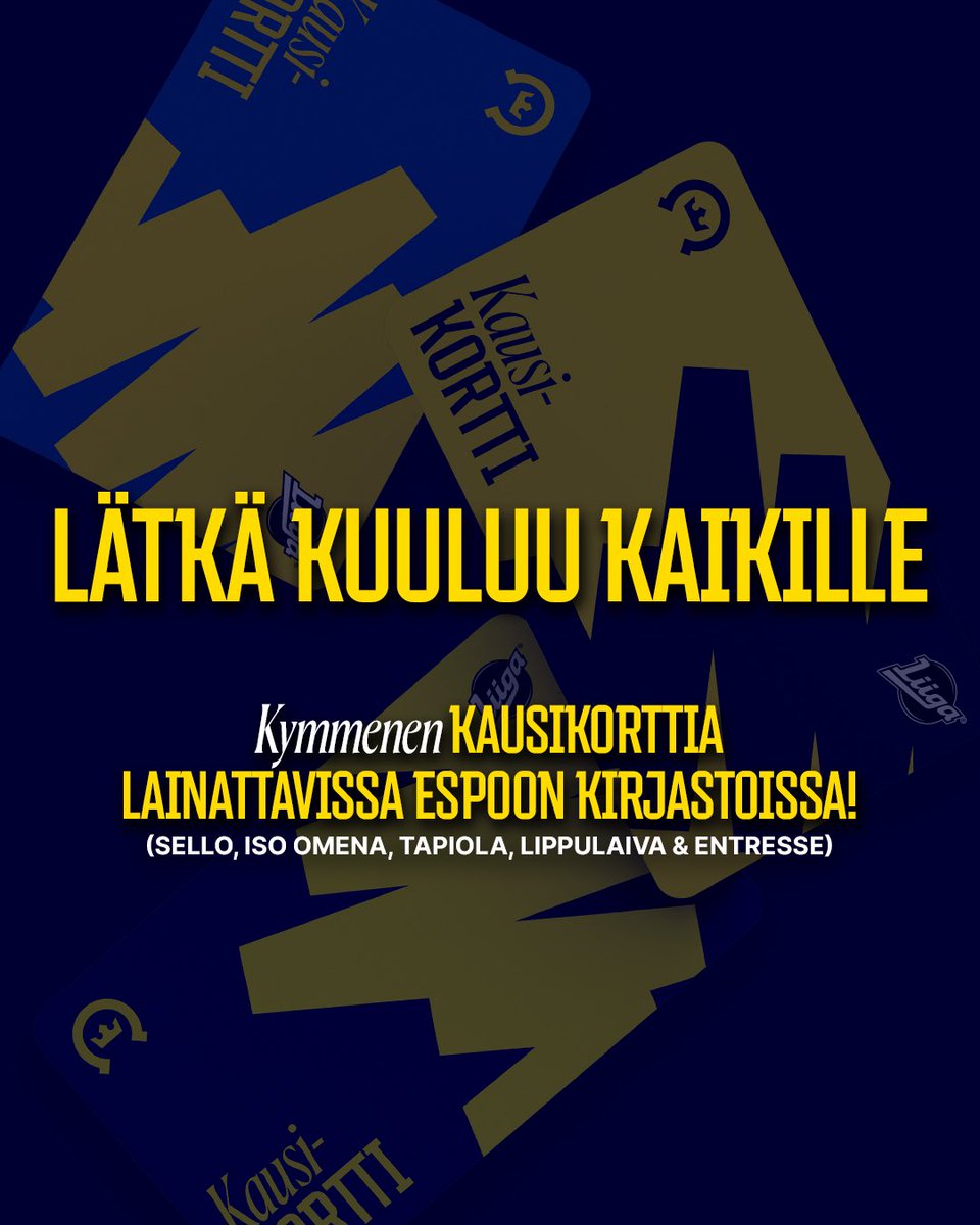 KiekkoEspoo's tweet photo. Tarjoamme kaikille lajista kiinnostuneille mahdollisuuden tulla katsomaan Kiekko-Espoon kotiotteluita. Olemme toimittaneet 10kpl kausikortteja viiteen espoolaiseen kirjastoon. Kausikortteja on saatavilla Entressen, Ison Omenan, Lippulaivan, Sellon ja Tapiolan kirjastoissa. 💙 https://t.co/eR48S0cVBH
