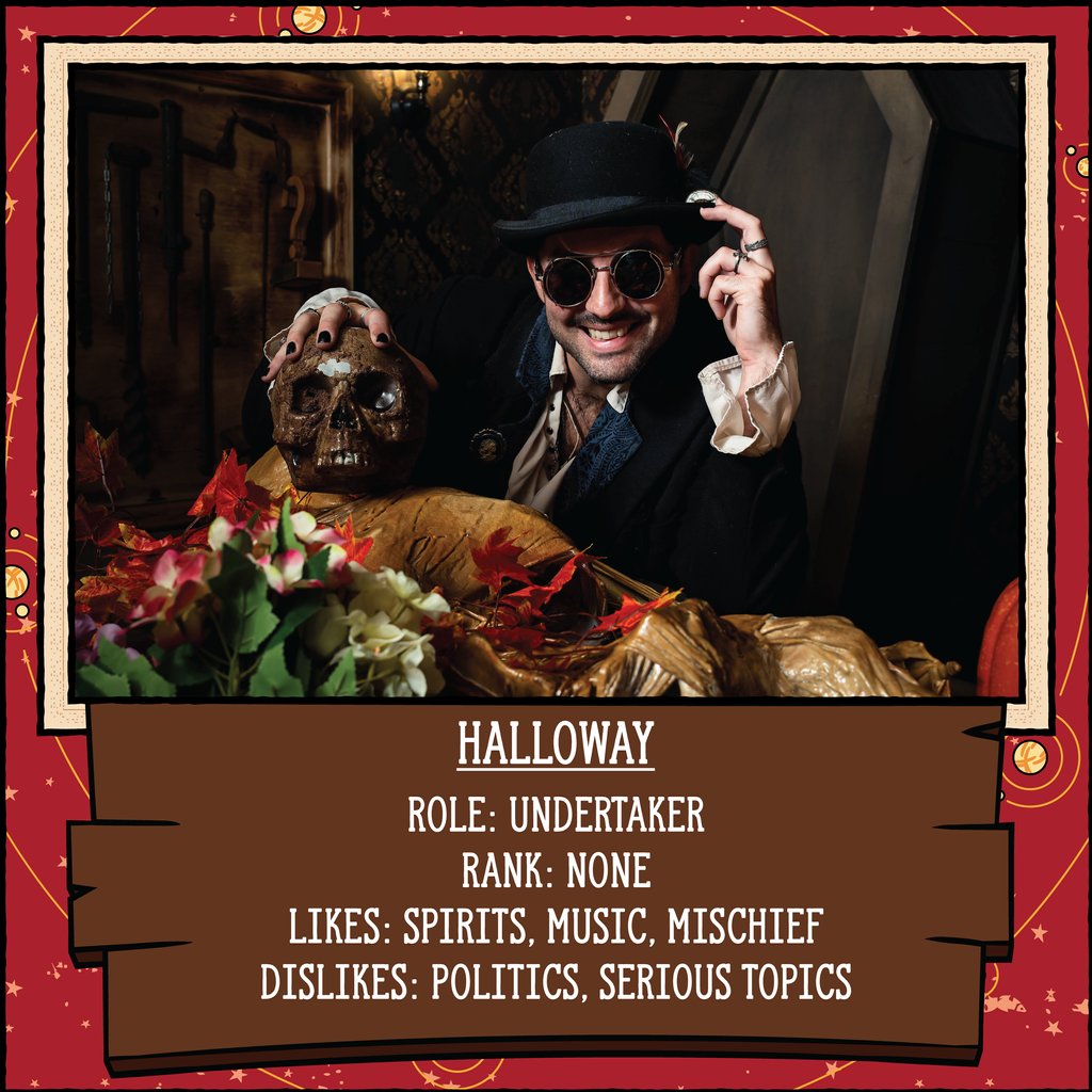 The resident Undertaker of Phantom Peak! 🪦⁠
⁠
Halloway has been around for a long time, even before the famous blimp crash, so they know a lot more than some other residents...

#phantompeakuk #phantompeaklondon #halloway #charactershowcase #characterbio #immersivetheatre