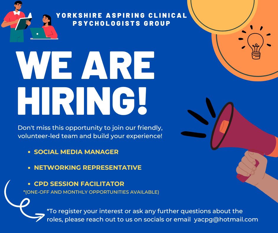 Announcement 📣 please RT

Yorkshire Aspiring Clinical Psychologists Group is expanding! 

We’re looking for volunteers (with a spare couple of hours per month) who are keen to widen access to the Clinical Psychology field while also developing their own skills and experience.
