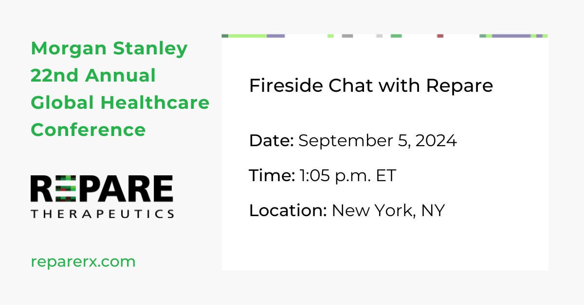 Repare Therapeutics (@reparerx) on Twitter photo Tune in with <a href="/RepareRx/">Repare Therapeutics</a>'s management team in a fireside chat at the <a href="/MorganStanley/">Morgan Stanley</a> Annual Global Healthcare Conference in NYC today. We look forward to connecting in person! Click here to watch the webcast: lnkd.in/eYYbV943 $RPTX #precisiononcology #syntheticlethality Tune in with <a href="/RepareRx/">Repare Therapeutics</a>'s management team in a fireside chat at the <a href="/MorganStanley/">Morgan Stanley</a> Annual Global Healthcare Conference in NYC today. We look forward to connecting in person! Click here to watch the webcast: lnkd.in/eYYbV943 $RPTX #precisiononcology #syntheticlethality