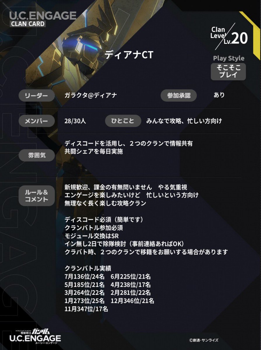 「クラメン募集中」
2クランであと4名になりました

一緒にエンゲージ、クラバト楽しんでくれる方お待ちしています

無理なく長く楽しめるクラン
質問はリポスト、DMまで
 #ガンダムuce #ガンダムucエンゲージ #ucエンゲージ #共闘シェア #uceクラメン募集 #UCEクラメン募集中