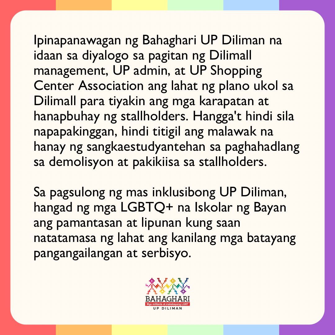 CLEARING OPERATION LABAN SA STALLHOLDERS NG OLD TENNIS COURT, KINOKONDENA NG MGA ESTUDYANTENG LGBTQ+!

Mariing kinokondena ng Bahaghari UP Diliman ang clearing operation na sinubukan ng UP admin ngayong hapon para palayasin ang stallholders sa Old Tennis Court.

#UPNotForSale