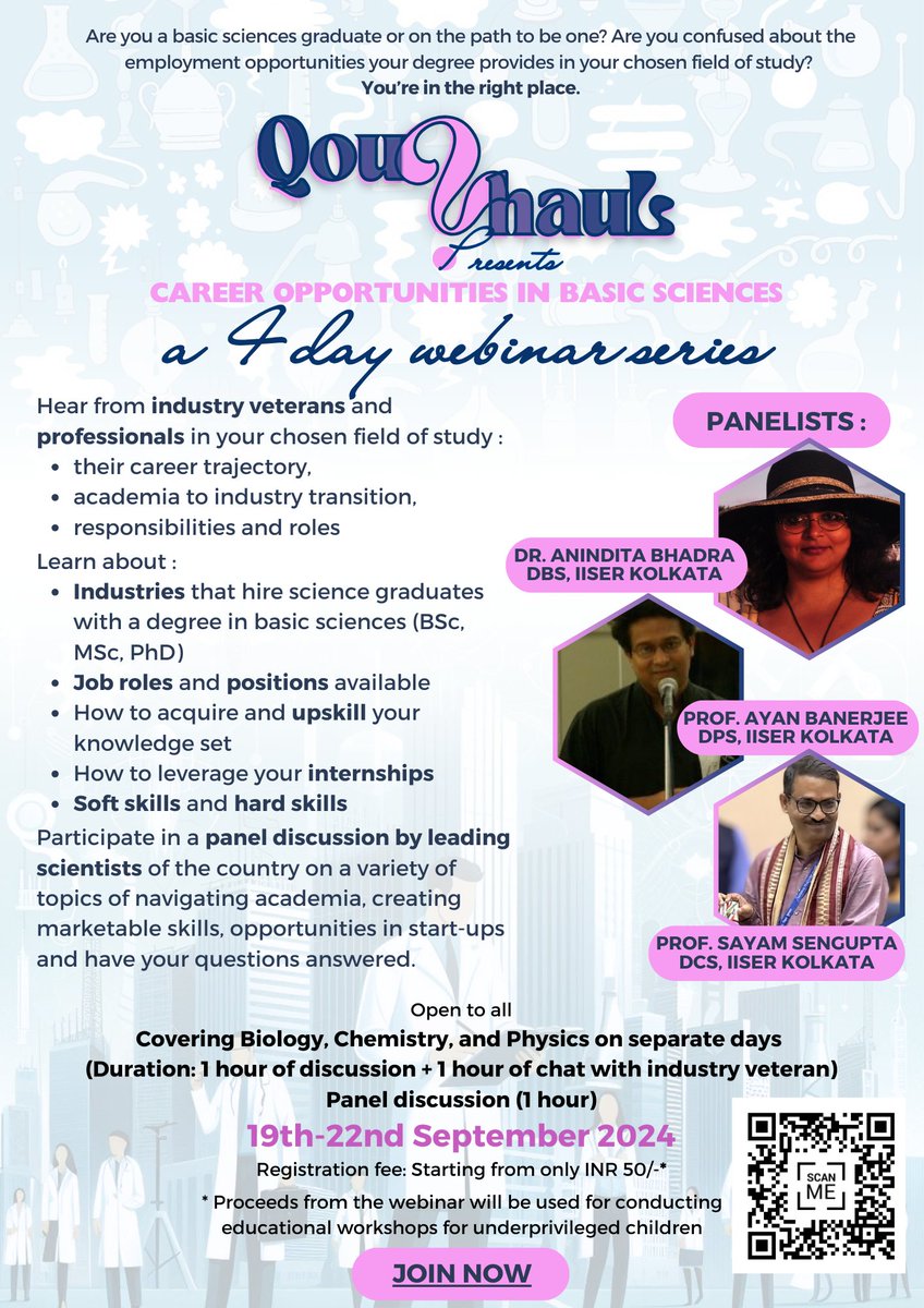 🤔Wondering what are the career options after a degree in basic sciences?
#Qoutuhaul brings you a webinar series to answer all your questions!
4day webinar series-Phy, Chem, Bio &amp; 1day of panel discussion with eminent scientists &amp; industry pros
Join us live to ask Qs to speakers!