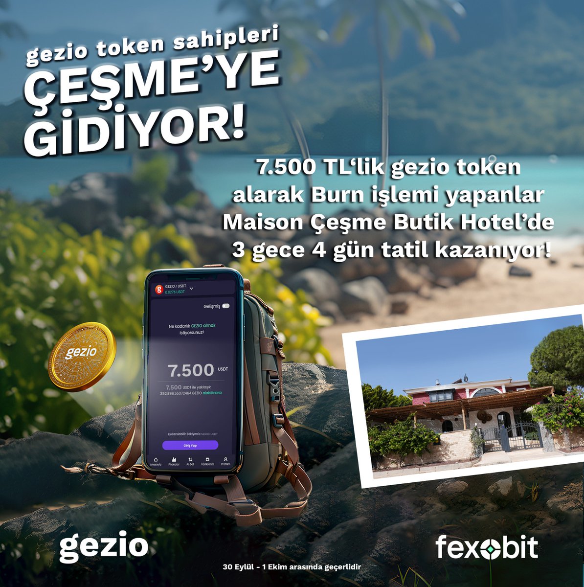 gezioio's tweet photo. 7.500 TL'LİK gezio token alarak Burn işlemi yapanlar Maison Çeşme Butik Hotel'de 3 gece 4 gün tatil kazanıyor!

Those who burn gezio tokens worth 7.500 TL win win a 3 night 4 Day stay at Maison Çeşme Boutique Hotel!

#maison #çeşme #token #tatil #kampanya https://t.co/LXga3kLqtR