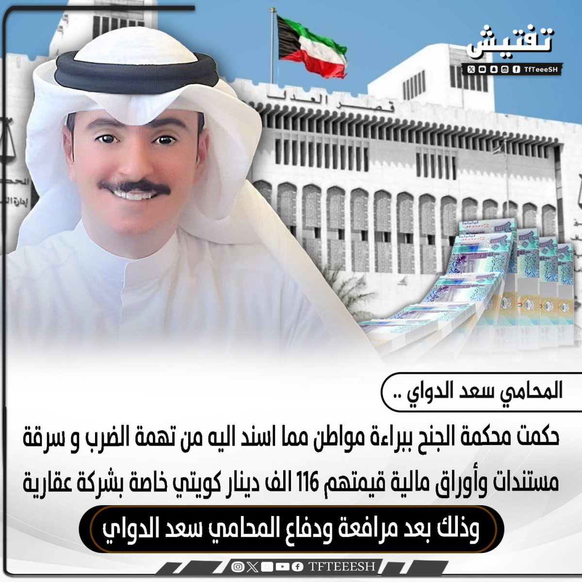 المحامي سعد الدواي :
• حكمت محكمة الجنح ببراءة مواطن مما اسند اليه من تهمة الضرب و سرقة مستندات وأوراق مالية قيمتهم 116 الف دينار كويتي خاصة بشركة عقارية وذلك بعد مرافعة ودفاع المحامي سعد الدواي .
<a href="/SAADSAAD9449/">المحامي / سعد الدواي</a>