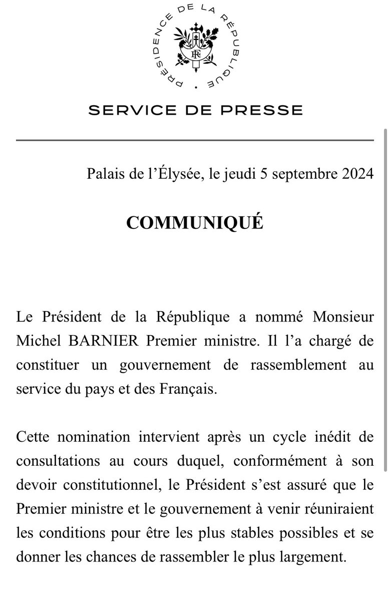 Le communiqué de l’Elysee officialisant la nomination de Barnier