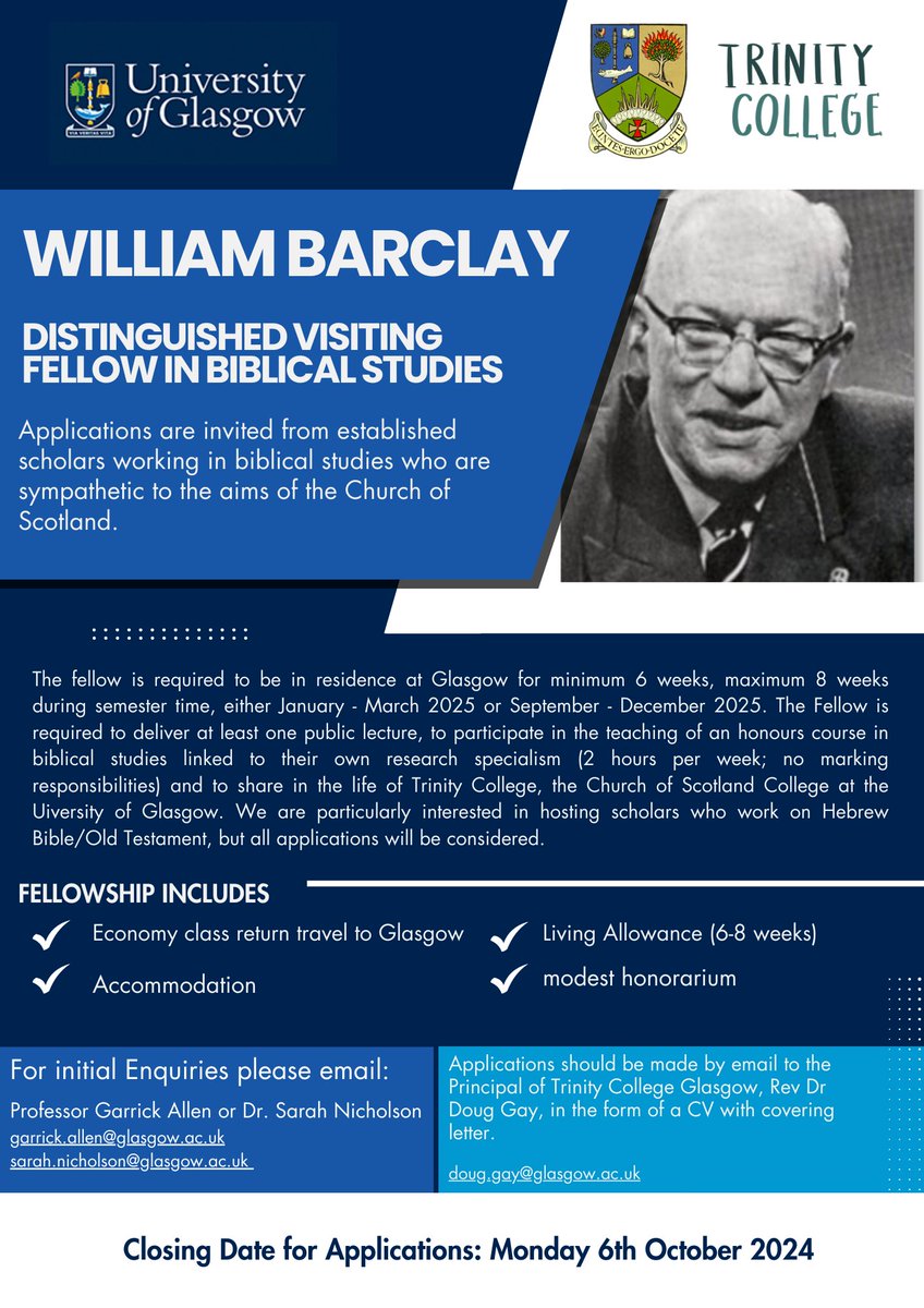 Applications for the William Barclay visiting Fellowship in Biblical Studies are now open.
We are particularly interested in established scholars who work on Old Testament/Hebrew Bible, but all applications will be considered.

Full details in poster below