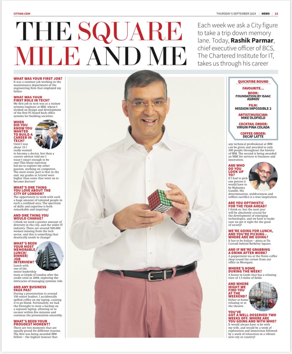 Great to have <a href="/RashikParmar/">RashikParmar MBE</a> as <a href="/CityAM/">City A.M.</a>’s The Square Mile And Me feature this week. Thanks to <a href="/annamolo_/">Anna Moloney</a> for helping to make this happen!