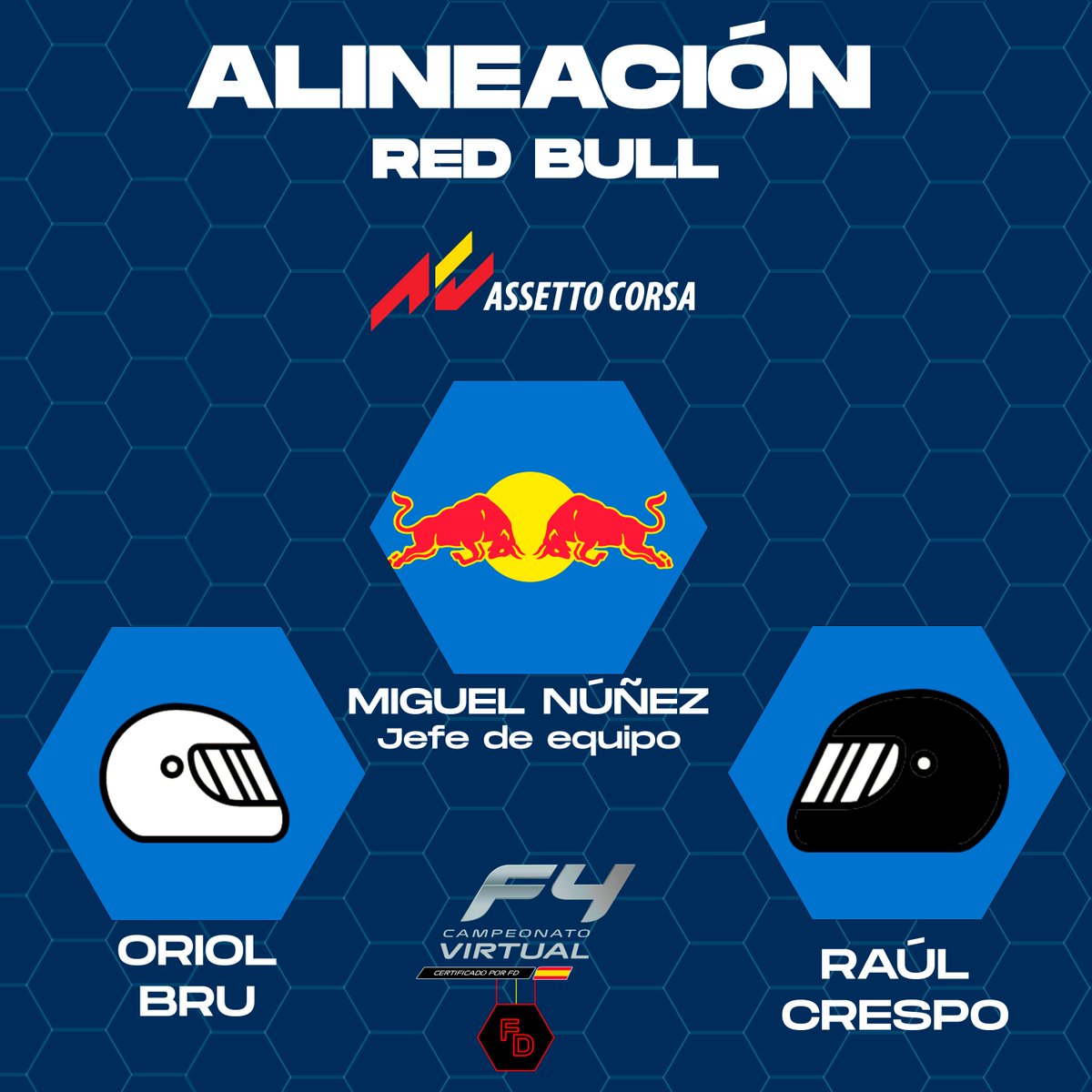 F4virtual's tweet image. RED BULL:

👔 Jefe de equipo: Miguel Núñez
🏎️ Pilotos: Oriol Bru (@Troriol) y Raúl Crespo

#F4Virtual