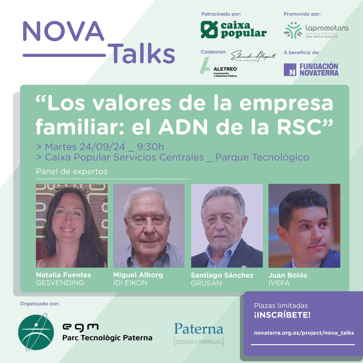 📅 El próximo día 24 de septiembre participaremos en la 9ª edición de NOVA_Talks: "Los valores de la #EmpresaFamiliar: el ADN de la RSC", organizada por <a href="/fnovaterra/">Fundación Novaterra</a>.

👉🏻 Reserva tu plaza: novaterra.org.es/project/nova_t…