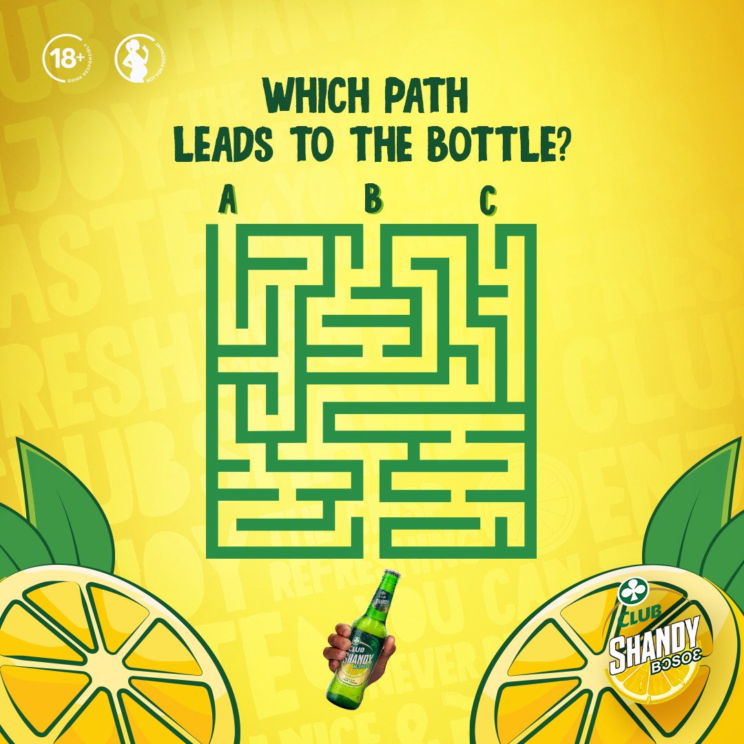 clubshandybosoe's tweet image. Which path in the maze leads to the Shandy bottle? 
Take a closer look and drop your answer in the comments. First person to get it right gets a 6-pack of Shandy. 
#Bosoɛ