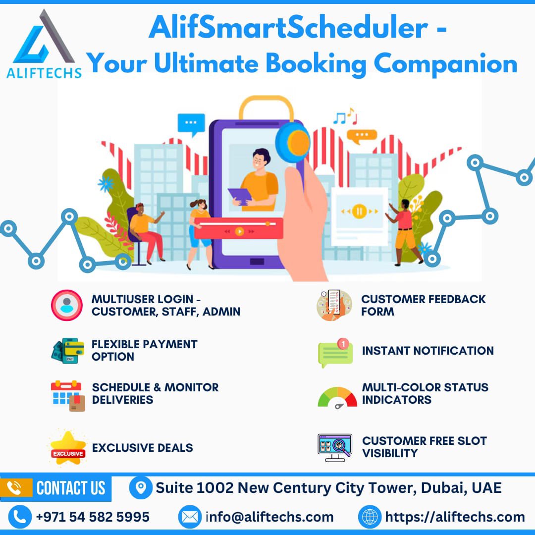AlifTechsUAE's tweet photo. Your Bookings Made Simple and Powerful with Alif Smart Scheduler! 🚀

Contact us:

📍 Suite 1002, New Century City Tower, Dubai, UAE

📞 +971 54 582 5995

📧 info@aliftechs.com

🌐 https://t.co/hmhwsxVV4d

#BookingSolutions #AppointmentScheduling #DubaiBusiness #BookingSoftware https://t.co/1RwX2VhTpg