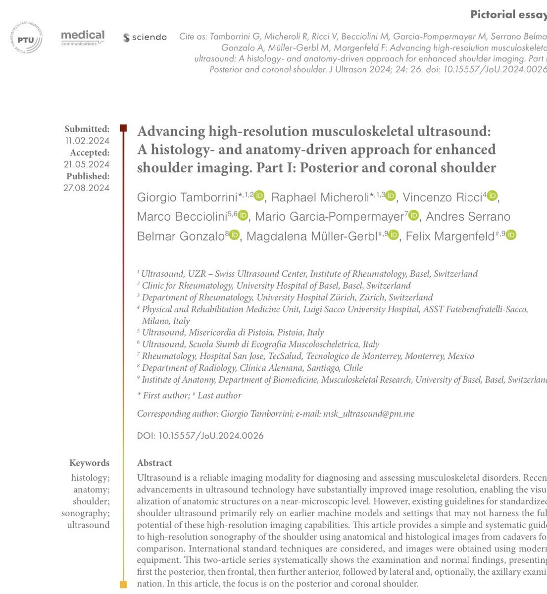 Our new article lead by Tamborrini, G (<a href="/Rheumatology/">Sᴡɪss Uʟᴛʀᴀsᴏᴜɴᴅ Cᴇɴᴛᴇʀ - UZR</a>) titled “Advancing high-resolution musculoskeletal ultrasound: A histology- and anatomy-driven approach for enhanced shoulder imaging. Part I: Posterior and coronal shoulder” focuses on improving the quality &amp; effectiveness of