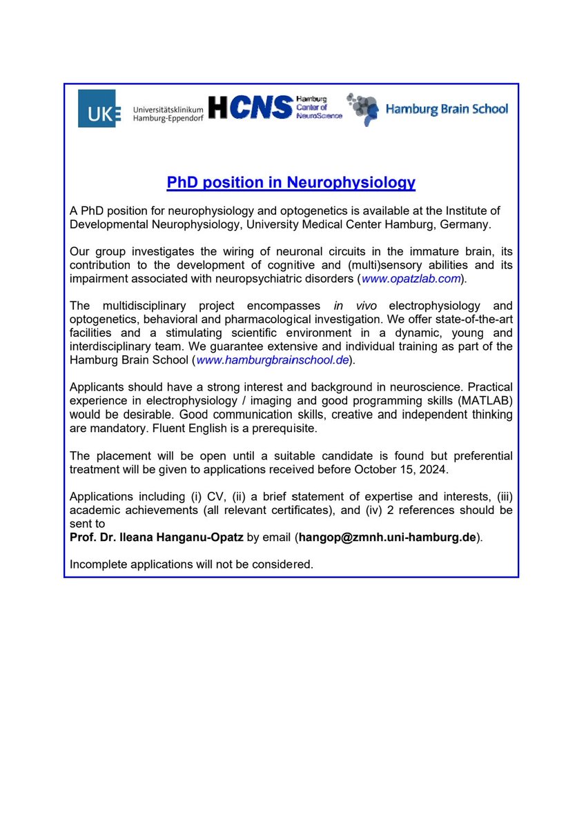 HanganuOpatzLab (@hanganuopatzlab) on Twitter photo Our lab at <a href="/UKEHamburg/">UKE Hamburg</a> is recruiting! We are looking for a highly motivated PhD student to study the circuit dynamics underlying the development of cognitive flexibility. Please RT Our lab at <a href="/UKEHamburg/">UKE Hamburg</a> is recruiting! We are looking for a highly motivated PhD student to study the circuit dynamics underlying the development of cognitive flexibility. Please RT