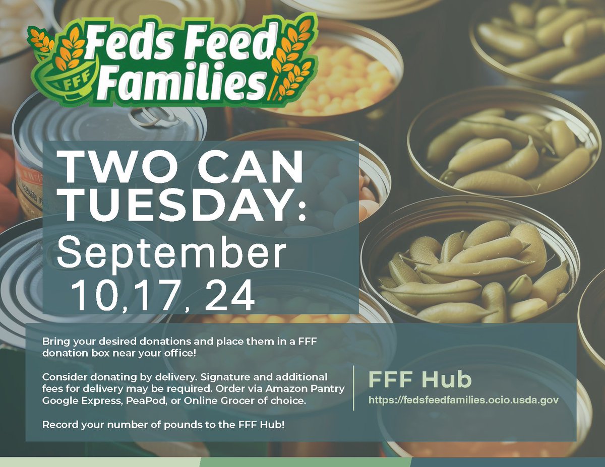 Join us in combating hunger this September! Accept our #TwoCanTuesday challenge by donating a pair of cans every Tuesday of the month. Let's fill up those #FedsFeedFamilies boxes and local pantry shelves. This small act can make a huge difference!