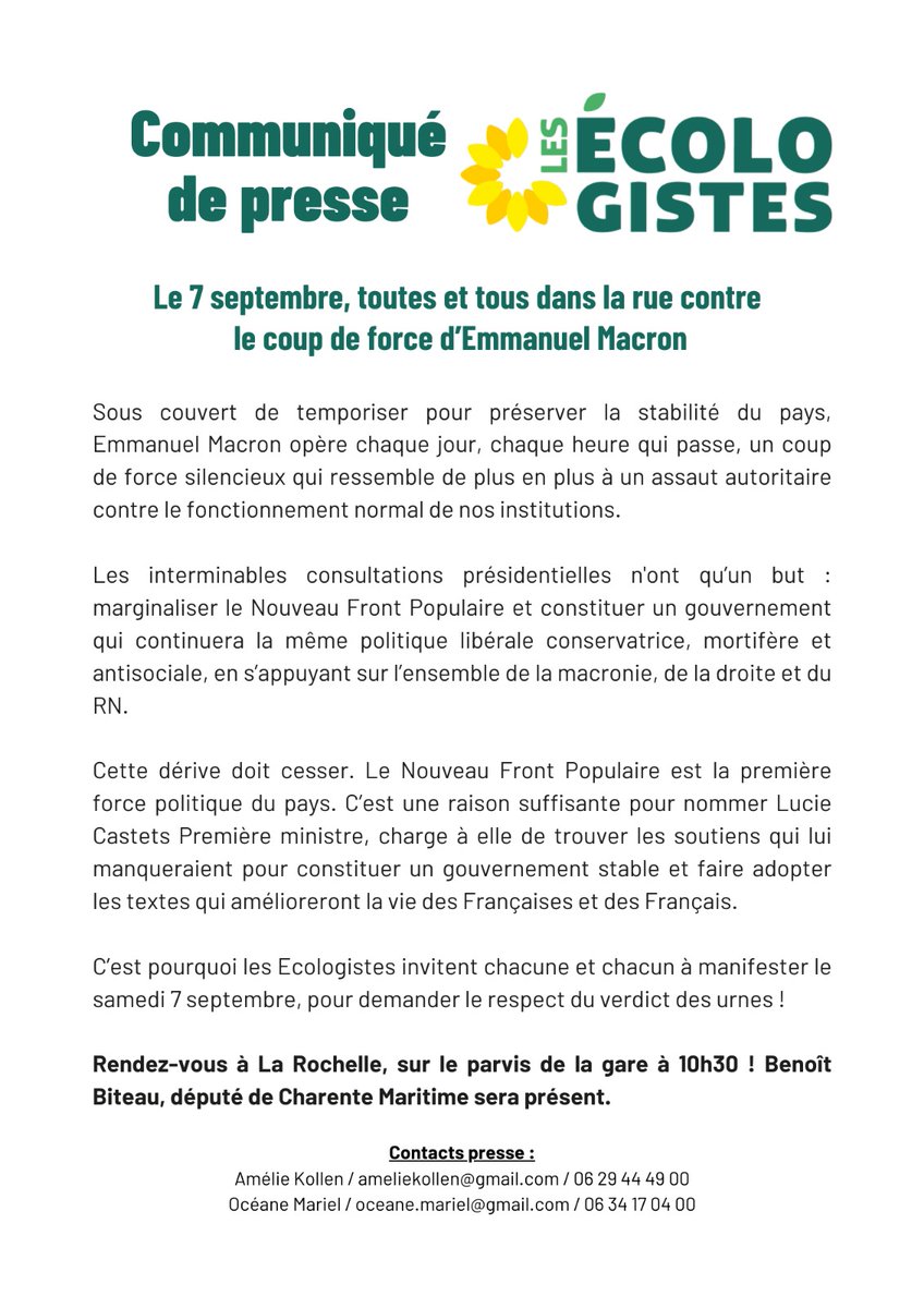 Michel Barnier Premier ministre , c'est le résultat d'une interprétation très macroniste de nos institutions : Déni de démocratie,  déni de la volonté de changement des électeurs, déni de la volonté des français de revenir sur la réforme des retraites... mobilisons nous !