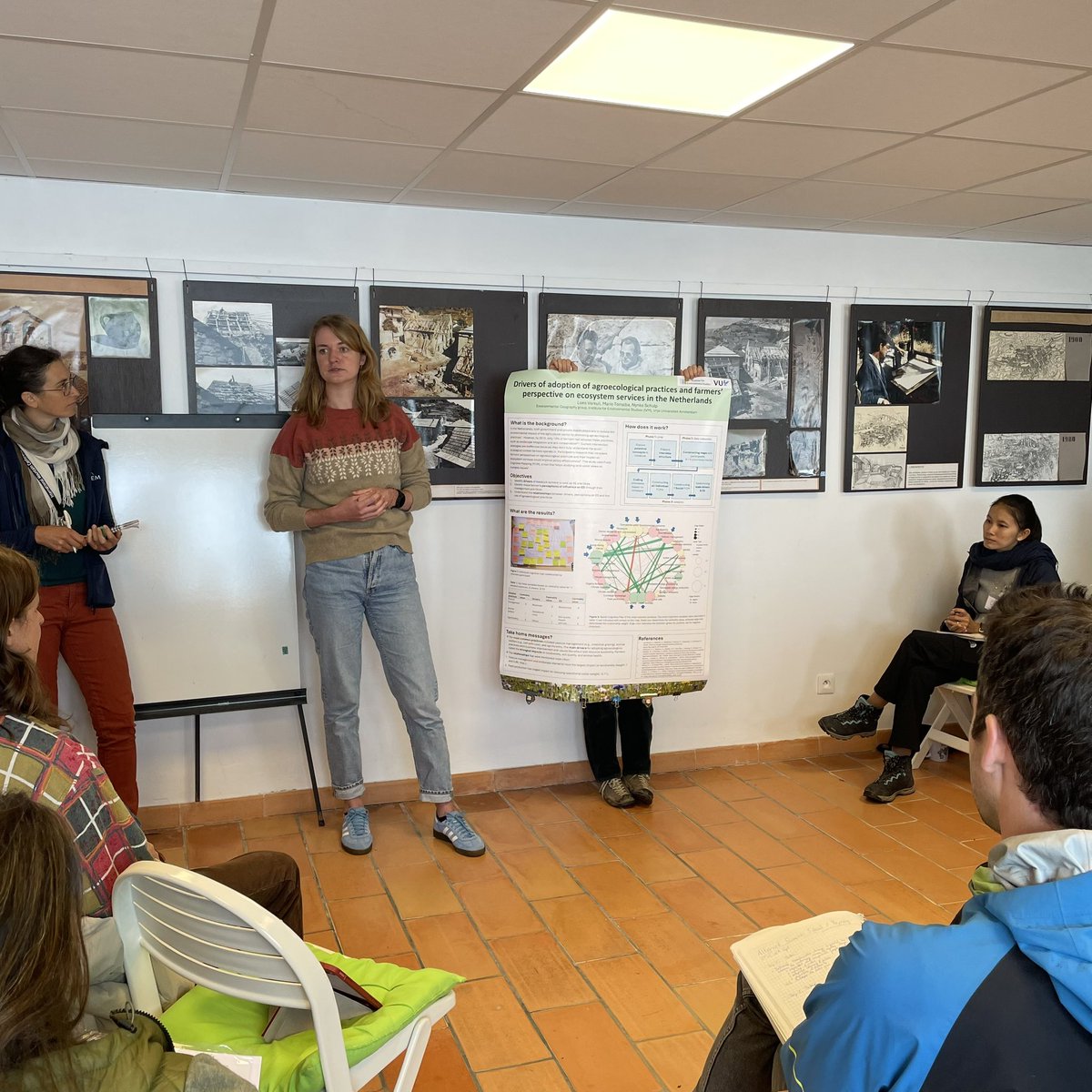 ad_watt's tweet image. Weather-affected poster sessions, inside and outside, at the Alternet Summer School “Biodiversity and Society: science, policy and transformative change”
