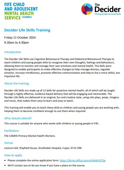 Fife colleagues 📢 check out this Decider Skills Training for staff 👀 sign up using this link  👇forms.office.com/e/iWj4HcST3g