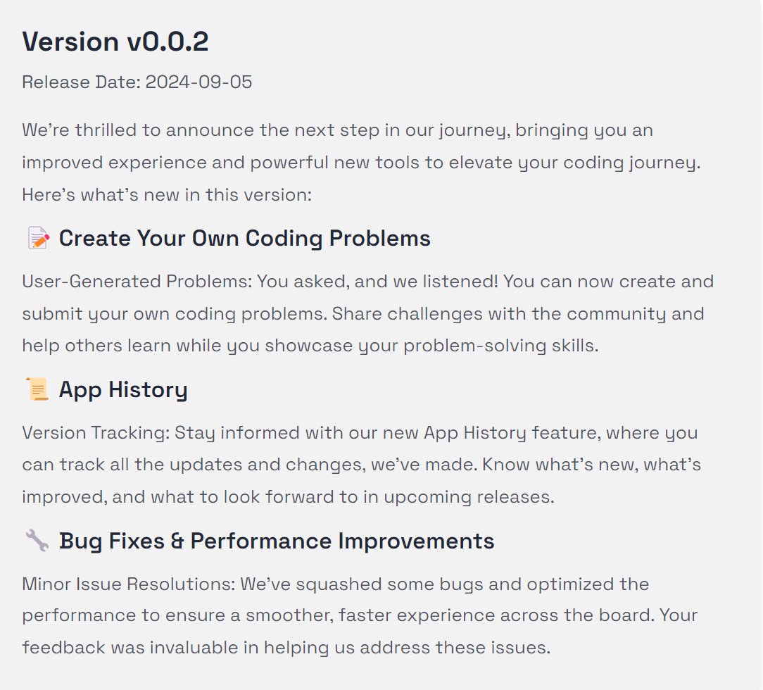 CodingChaska's tweet image. 🚀 Coding Chaska Lab v0.0.2 is here! 🎉
1️⃣ Create Your Own Coding Problems
2️⃣ App History
3️⃣ Minor Bug Fixes
Explore at codingchaskalab.com and let us know what you’d like to see in the next update! 💡
#codingchaska #CodingJourney #connect
